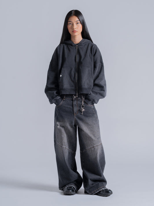 Sudadera Unisex Boxy de Doble Cremallera – Negro Lavado